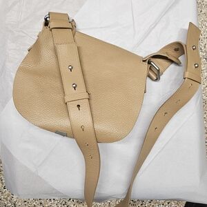 All Saints Round Tan Pebbled Leather Crossbody Bag Silver Hardware